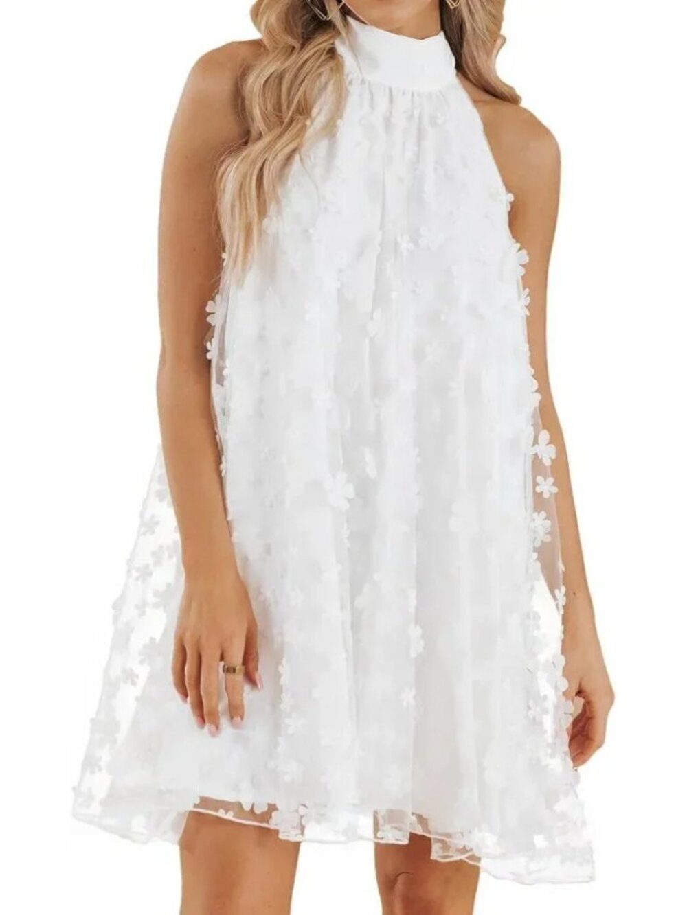 Vimpunec White 3D Floral Sheer Overlay Halter Swing A Line Mini Dress Size XL